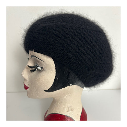 Vintage Black Angora Wool Mix Chunky Knitted Beret Hat