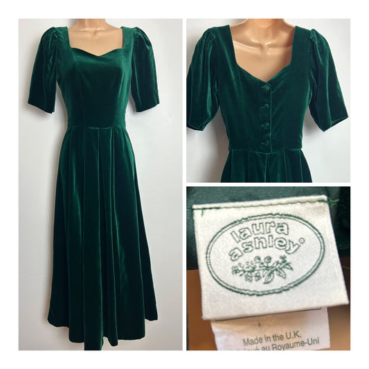 Vintage 1980s LAURA ASHLEY Size 6 (8 On Label) Dark Green Velvet Pleated Xmas Dress