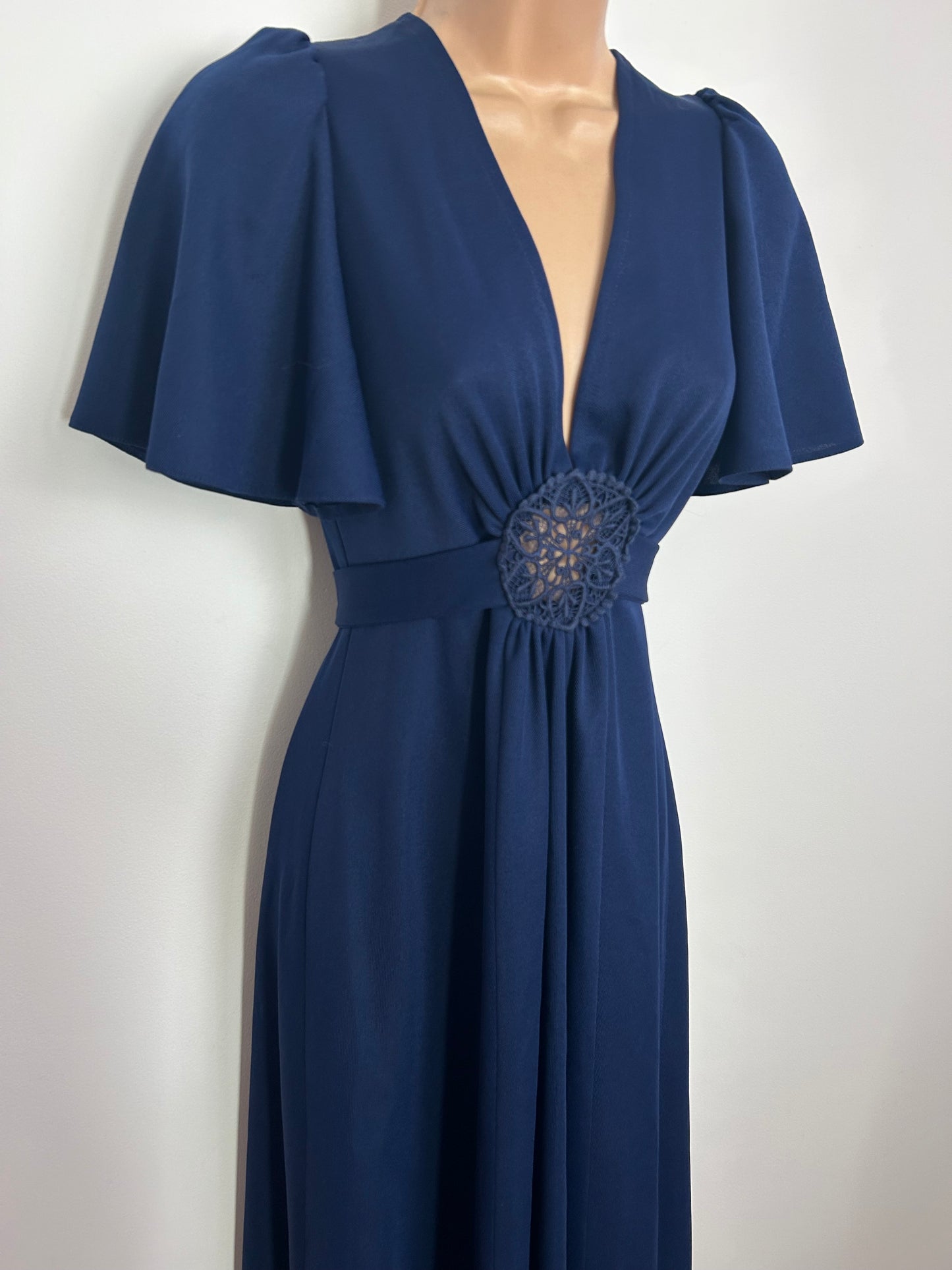 Vintage 1970s Size 8 Navy Blue Open Back Tie Back Flutter Sleeve Boho Maxi Dress