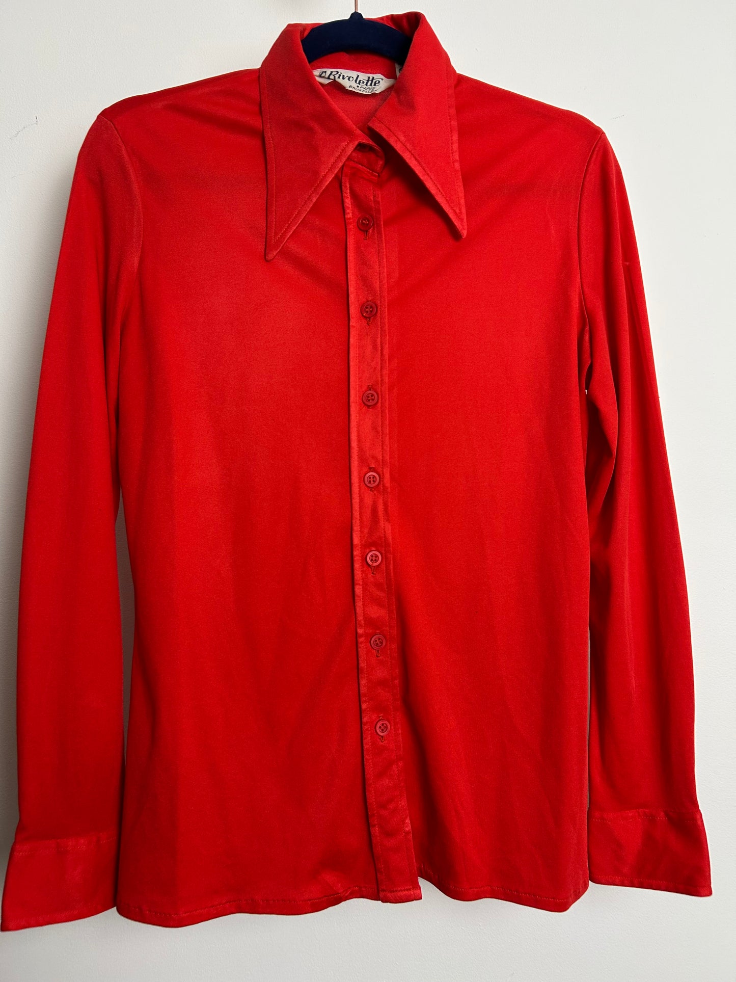 Vintage 1970s RIVOLETTE PARIS Size 12 Red Dagger Collar Long Sleeve Shirt