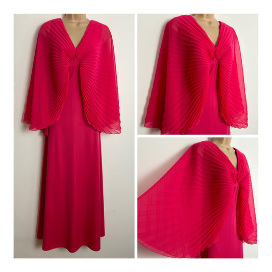 Vintage 1970s UK Size 10 Hot Pink Accordion Pleated Cape Sleeve Special Occasion Maxi Dress