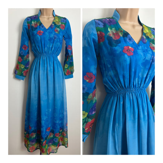 Vintage Early 1980s Size 8 Blue Red & Green Floral Print Chiffon Maxi Dress