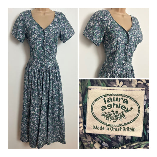 Vintage 1980s LAURA ASHLEY Size 8 (Size 10 On Label) Blueish Grey White & Green Floral Print Cotton Tea Dress