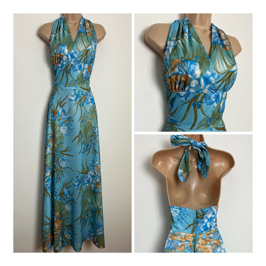 Vintage 1970s Size 10 Blue & Sandy Beige Floral Print Halterneck Summer Maxi Dress