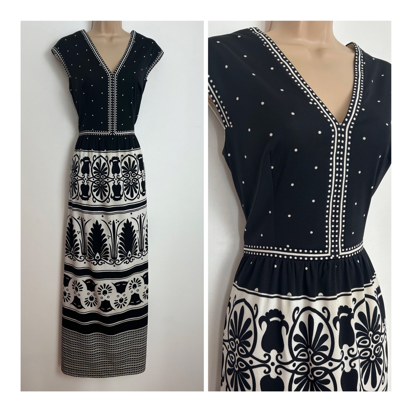 Vintage 1970s STRAUSS Size 10 Gorgeous Black & White Abstract Print Sleeveless Maxi Dress