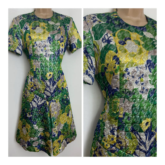 Vintage 1960s Size 10 Green Yellow Blue & Silver Lurex Abstract Floral Crinkled Short Sleeve Occasion Playsuit