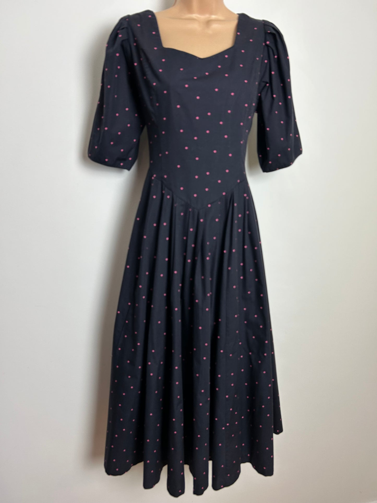 Vintage 1980s LAURA ASHLEY Size 12 (Size 16 On Label) Black & Pink Polka Dot Pleated Midi Dress