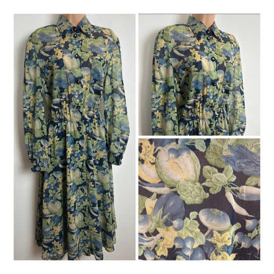 Vintage 1980s HEROS PARIS Size 14 Green & Blue Tones Vegetable Novelty Print Pure Cotton Day Dress