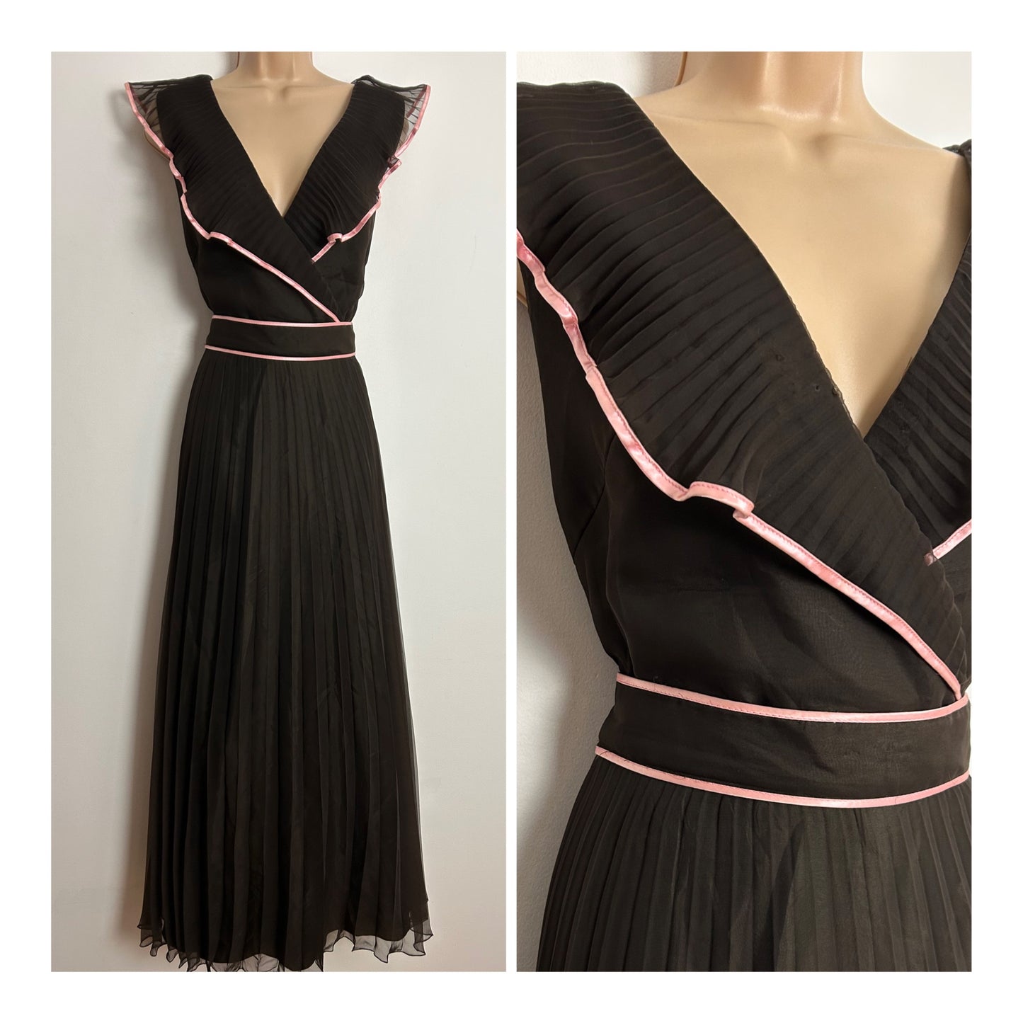 Vintage 1970s COCKTAIL HOFFMAN UK Size 12 Brown With Pink Trim Pleated Belted Occasion Dress