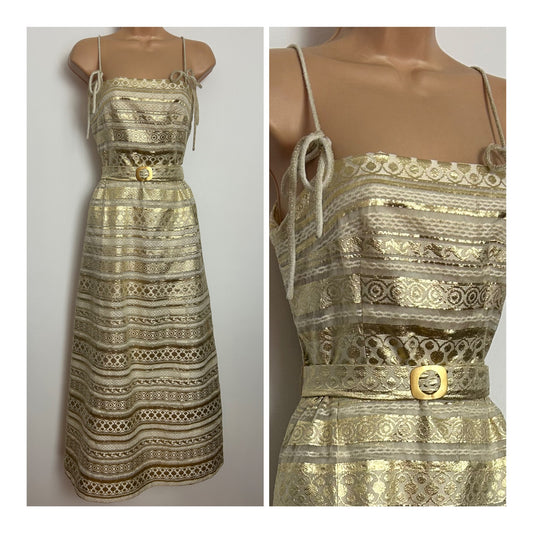 Vintage 1960s Size 6 Cream & Gold Abstract Stripe Brocade Tie Strap Belted Occasion Dress