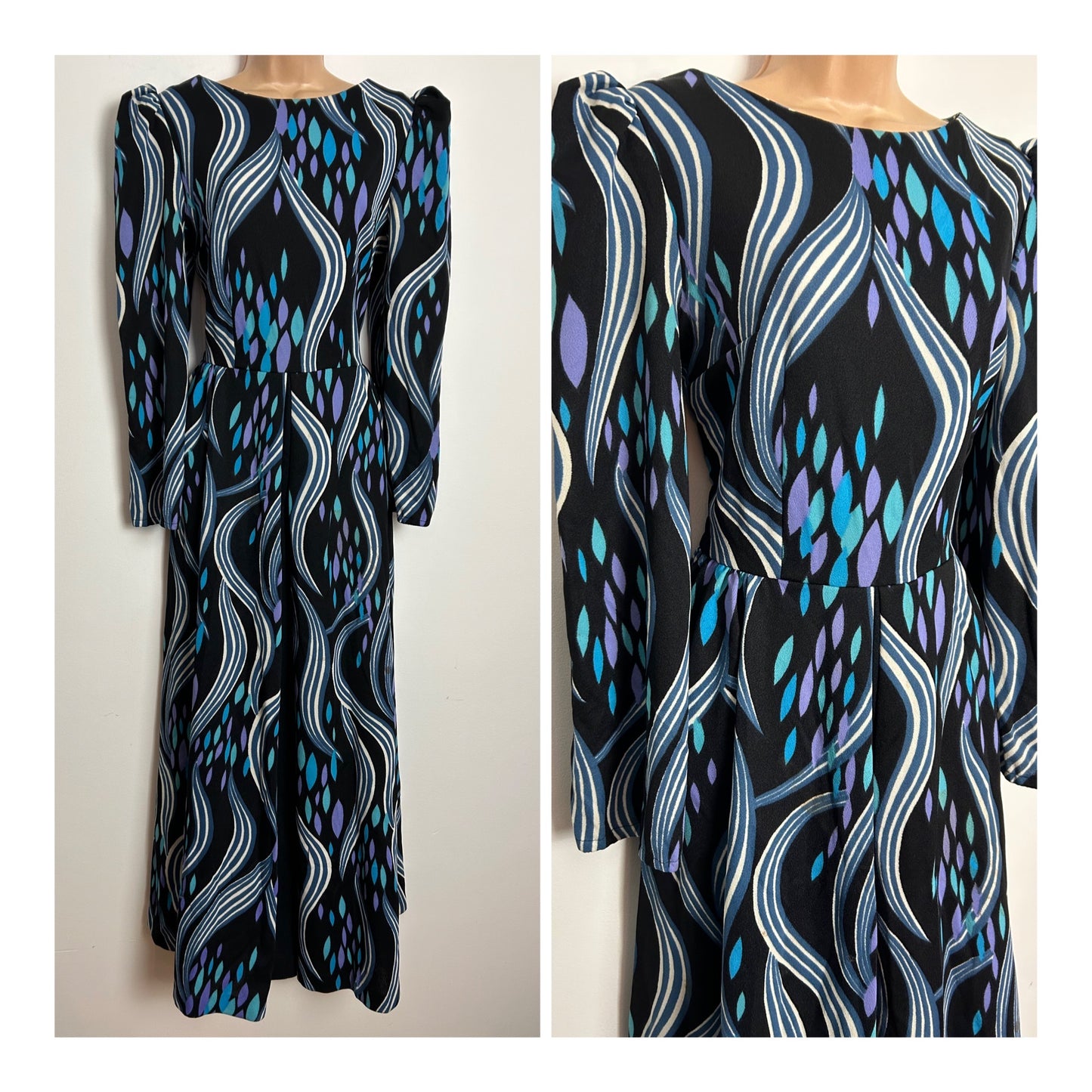 Vintage 1970s HEATHKNIT UK Size 10 Black Blue Purple & Turquoise Wavy Stripe & Petal Print Long Sleeve Boho Crimplene Maxi Dress