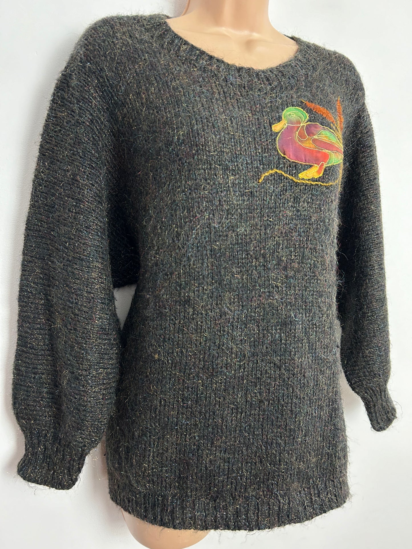 Vintage 1980s One Size Up To Size 16 /18 Dark Grey Mohair Mix Duck Applique Long Sleeve Jumper