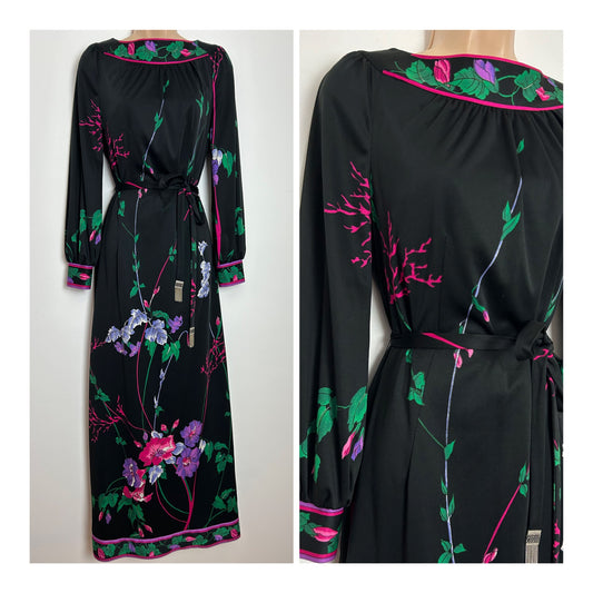 Vintage 1970s KIO Size 12 Black Pink Blue & Purple Floral Print Long Sleeve Belted Occasion Maxi Dress