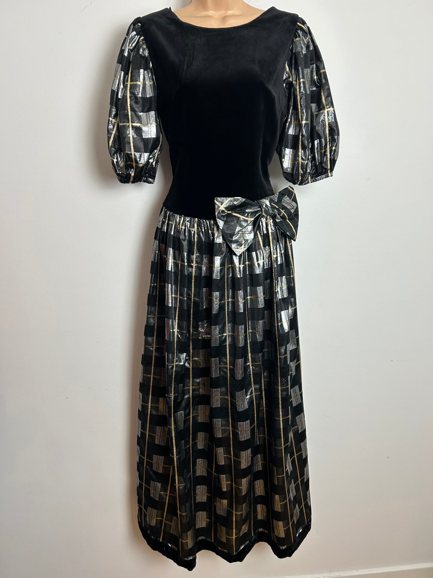 Vintage 1980s AUGUSTAT Size 8 Black Silver & Gold Velvet & Taffeta Bow Detail Evening Occasion Maxi Dress