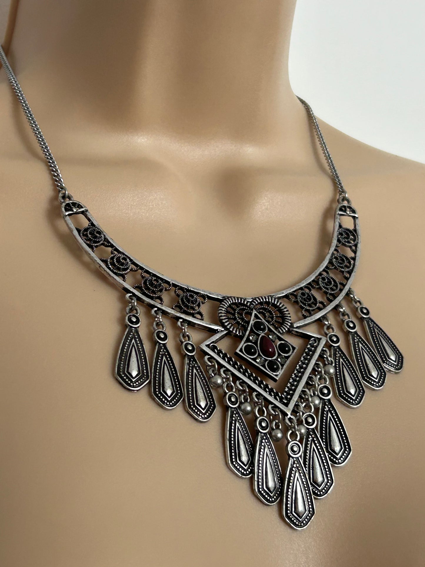 Vintage Stunning Silver Tone Filigree Style Ethnic Indian Inspired Boho Necklace