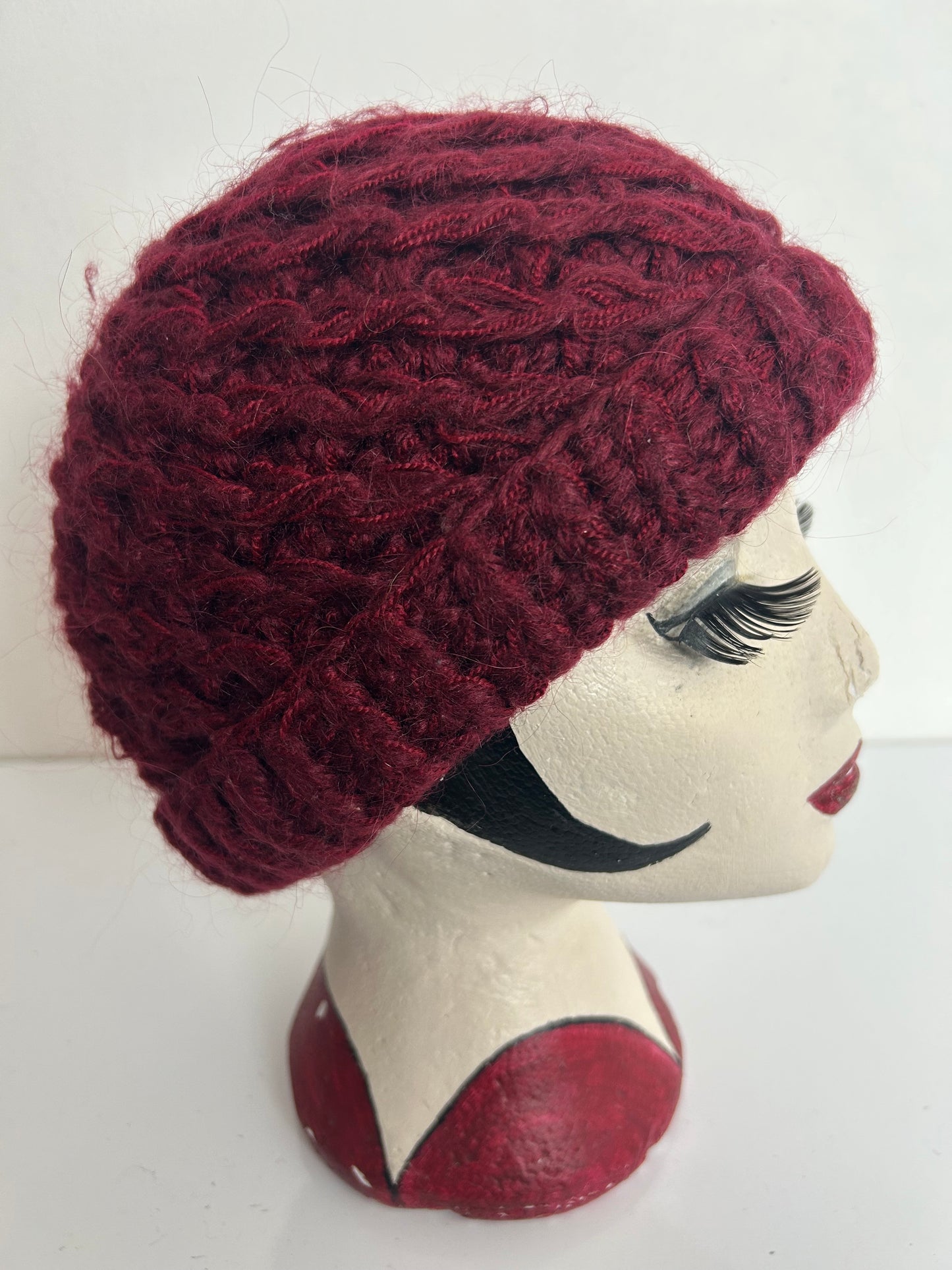 Vintage Italian Burgundy Chunky Knit Angora & Wool Mix Beanie Hat