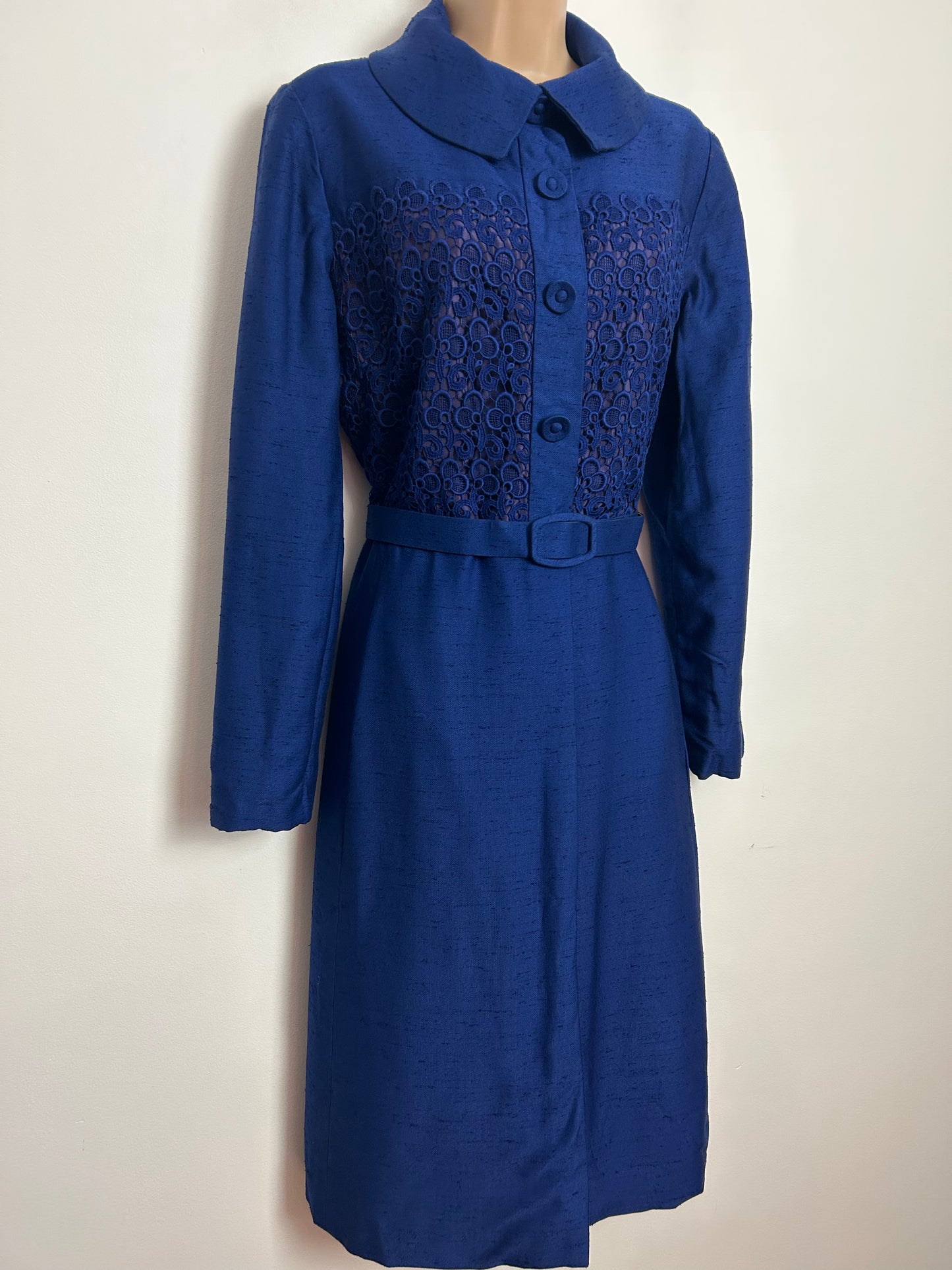 Vintage Late 1940s ELKA COUTURE UK Size 12-14 Royal Blue Guipure Lace Bodice Belted Long Sleeve Coat Style Dress