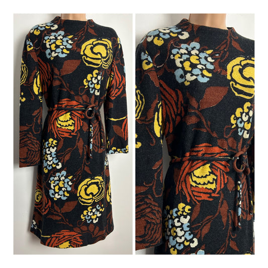Vintage 1960s Size 12-14 Black Yellow Blue & Brown Floral Block Printed Belted Wool Mod Dress