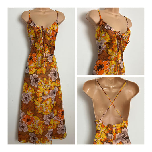 Vintage 1970s C&A Size 12-14 Yellow Orange & Brown Tones Floral Print Cross Strap Summer Maxi Dress