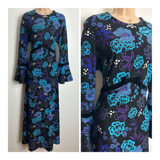 Vintage 1970s NORMAN LINTON Size 16 Black Blue & Purple Floral Print Velvet Trim Maxi Dress