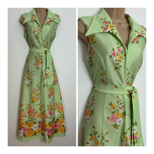 Vintage 1970s UK Size 12 Pale Green Orange White & Pink Floral Print Dagger Collar Zip Front Belted Maxi Dress
