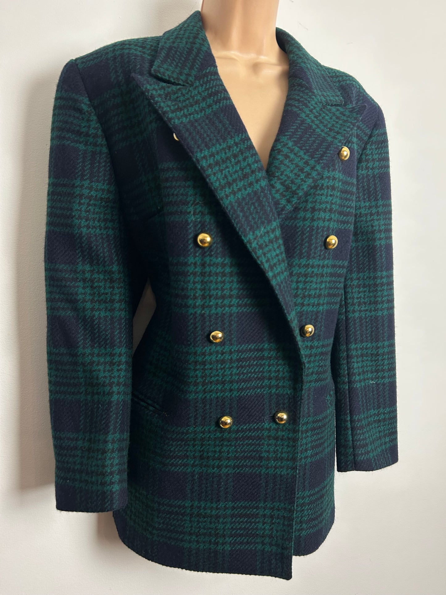Vintage 1980s AKRIS CLUB Size 14 Green & Black Dogtooth Check 100% Wool Double Breasted Blazer