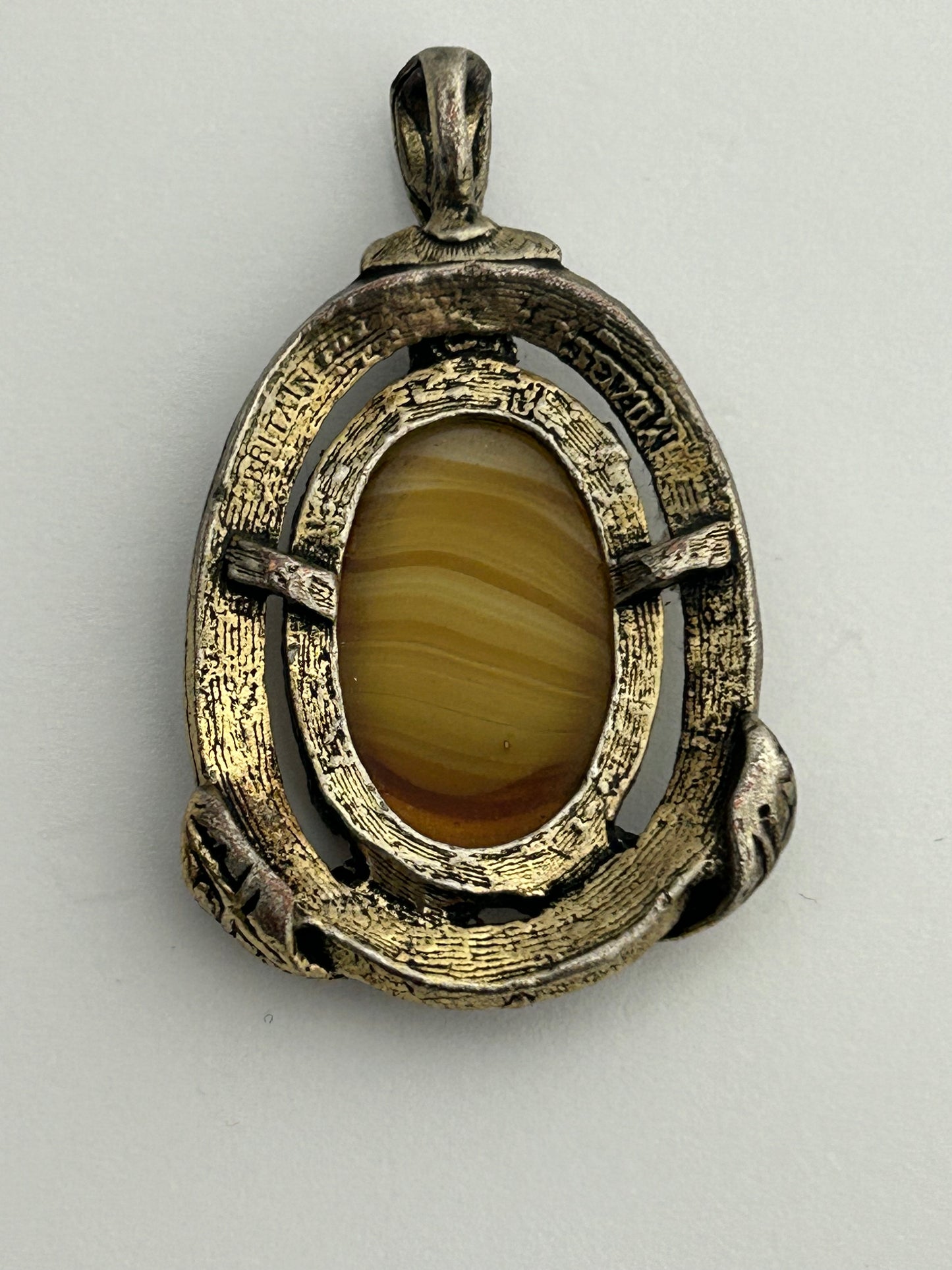 Vintage Silver Tone Base Metal MIRACLE Signed Banded Glass Stone Set Pendant