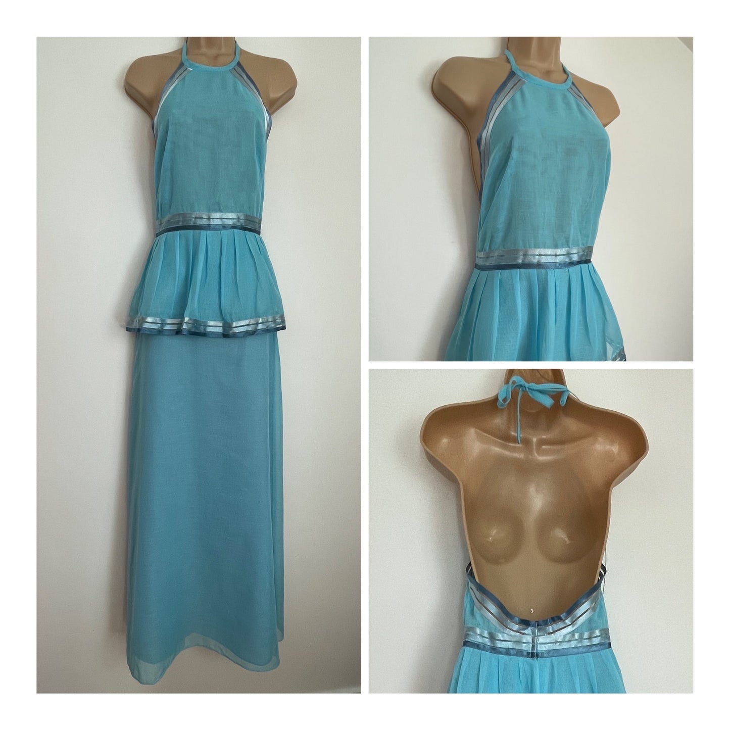 Vintage Late 1970s UK Size 6-8 After Six By Ronald Joyce Blue Halterneck Peplum Summer Boho Occasion Maxi Dress