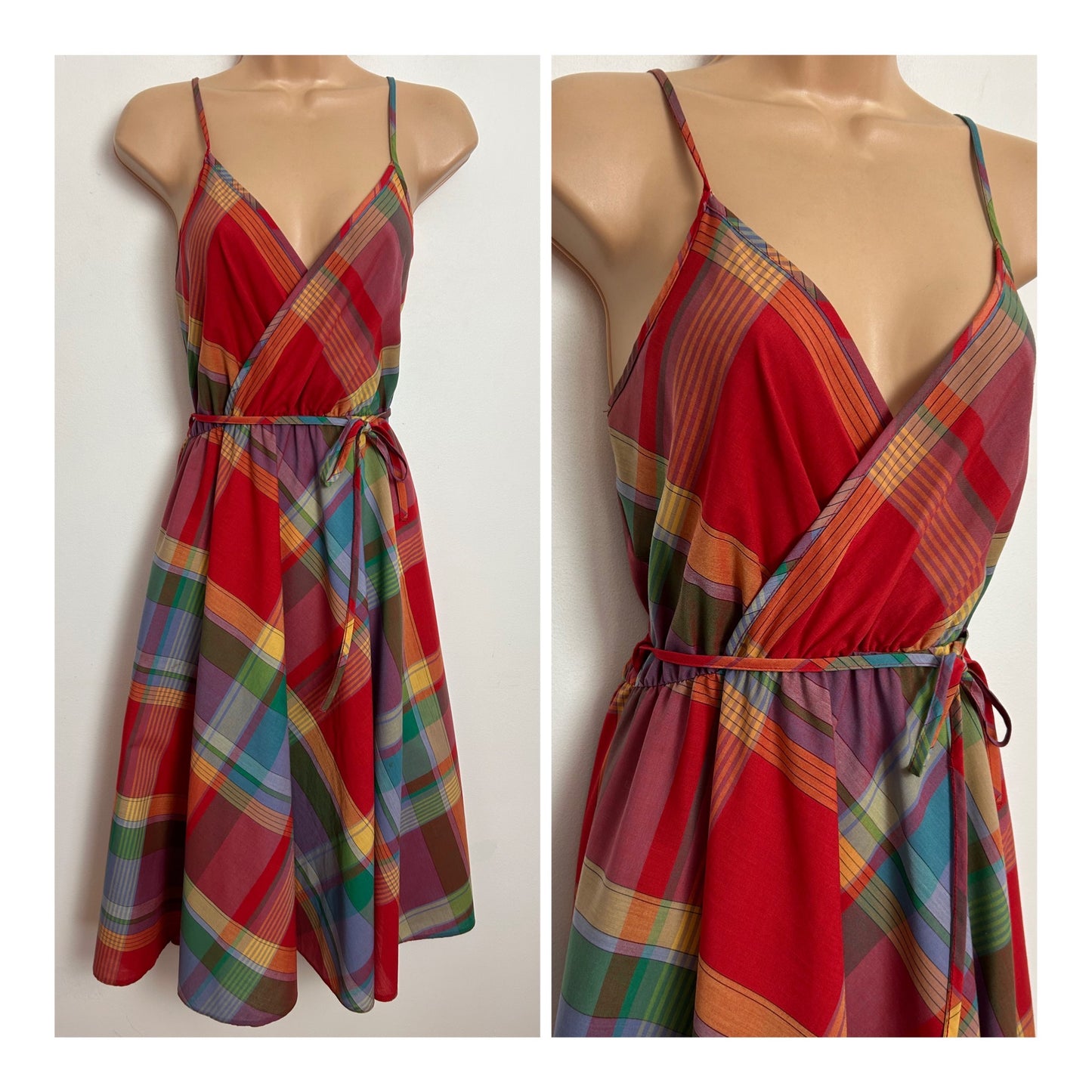 Vintage Late 1970s ST MICHAEL UK Size 14 Red Rainbow Check Print Cotton Mix Belted Summer Dress