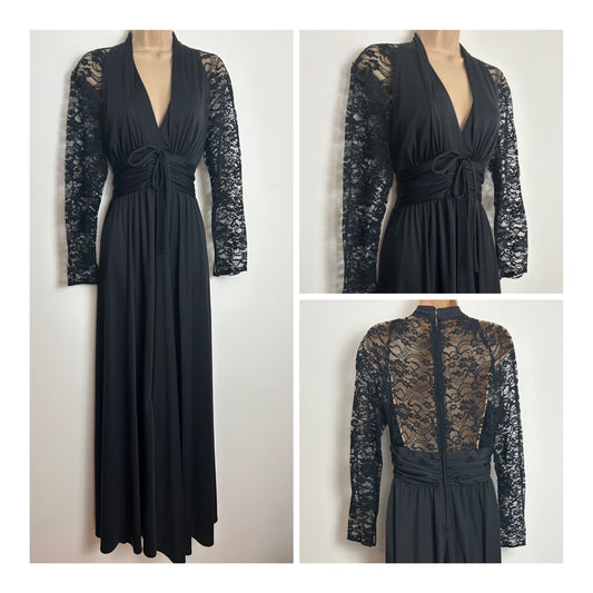 Vintage 1970s Size 10 Black Lace Bodice Long Sleeve Tie Waist Occasion Evening Maxi Dress
