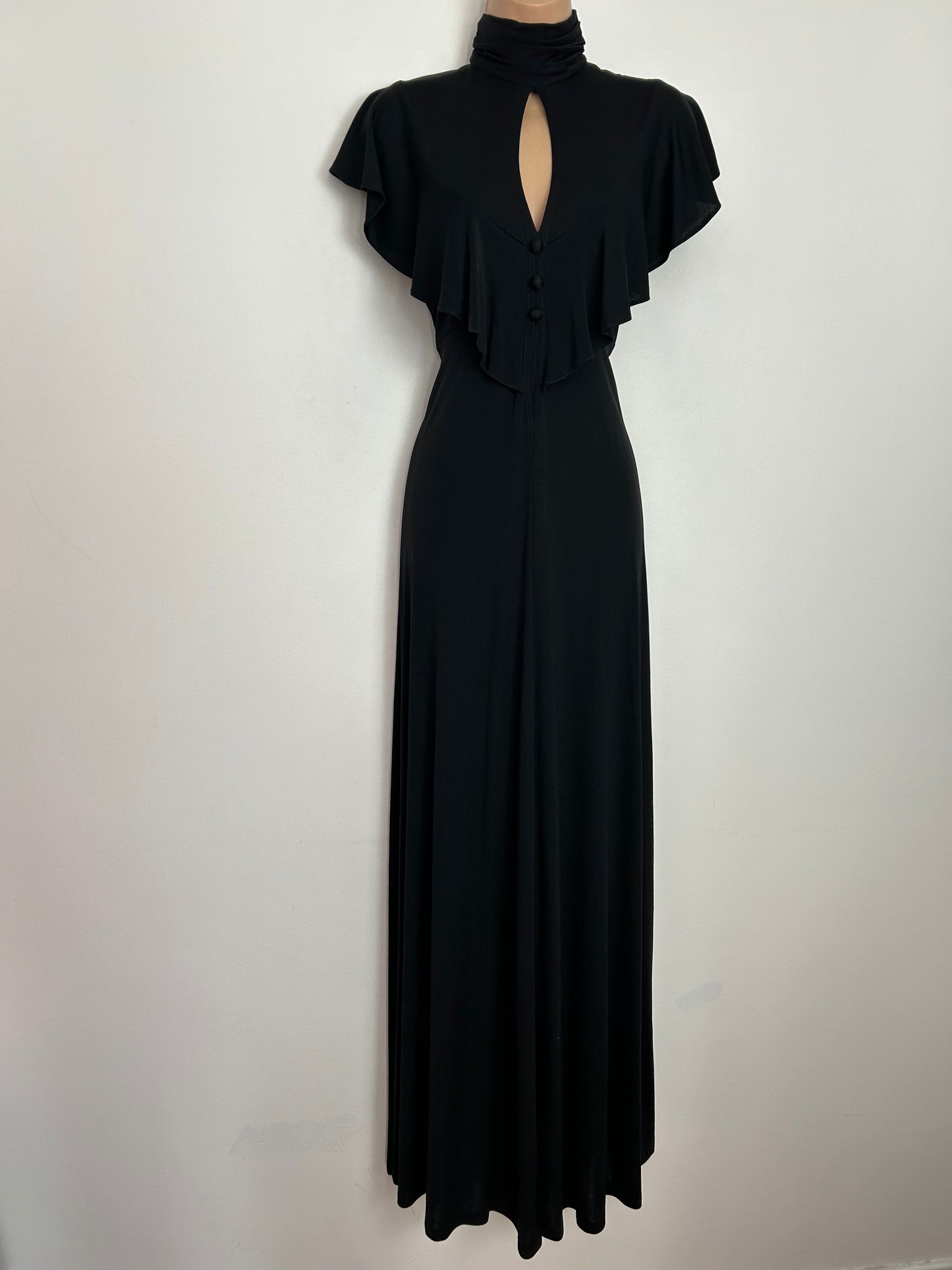 Vintage 1970s SHELANA UK Size 8 Black Keyhole Cut Out Ruffle Trim Maxi Dress