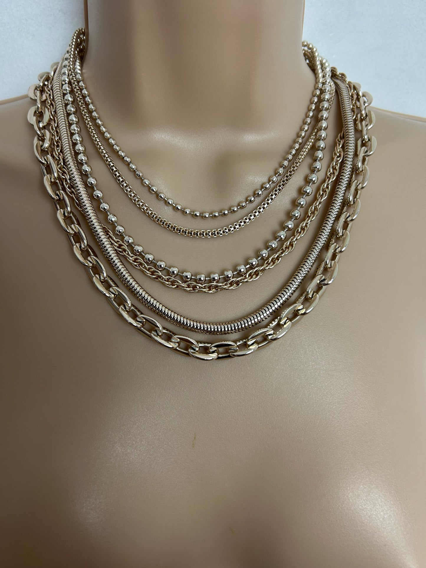 Vintage Gold Tone Multi Strand Stacked Choker Style Necklace