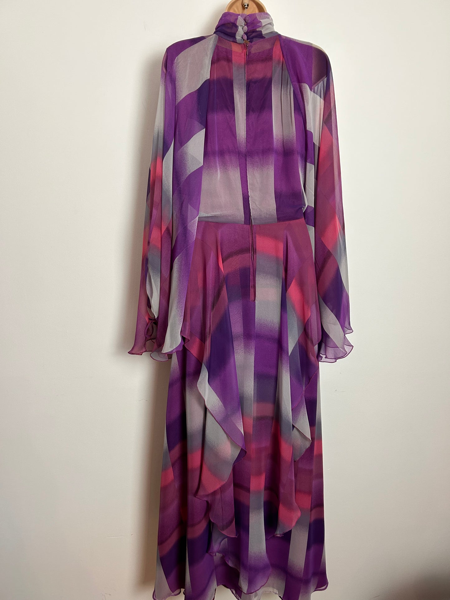 Vintage 1970s UK Size 12 Stunning Purple Pink & Grey Stripe Print HUGE Flared Cape Sleeves Occasion Maxi Dress