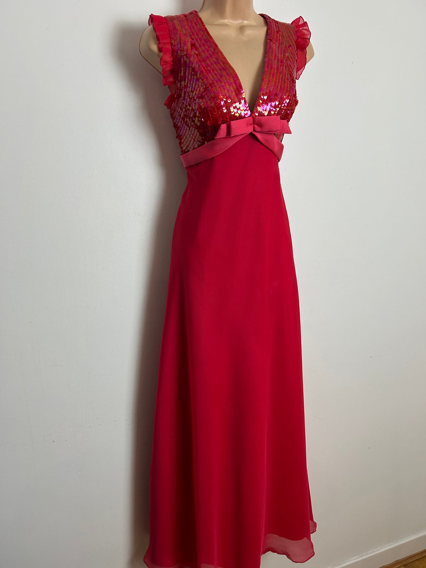 Vintage 1970s RADTKE & RADTKE Size 8 Raspberry Sequin Bodice Bow Detail Xmas Party Occasion Maxi Dress