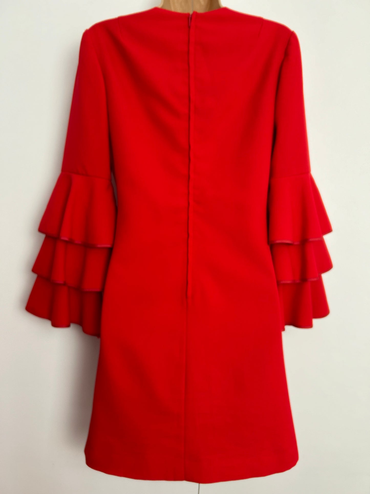 Vintage 1960s Early 1970s UK Size 8 Red Long Layered Sleeve Mini Mod Shift Dress