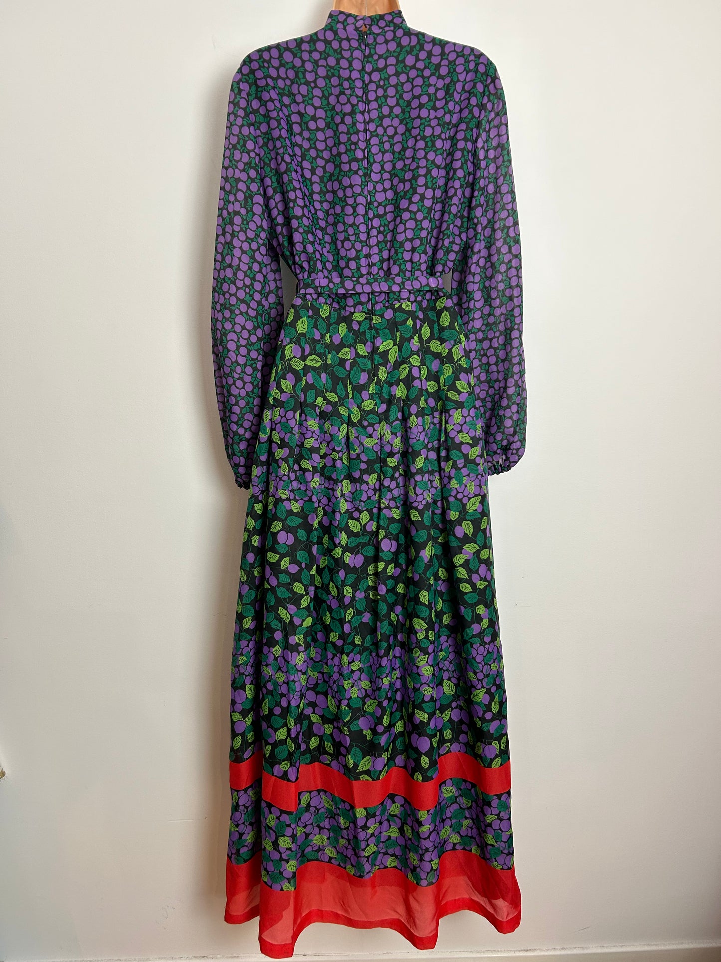 Vintage 1970s UK Size 12 Black Purple & Green Berry & Leaf Print Long Sleeve Belted Boho Maxi Dress