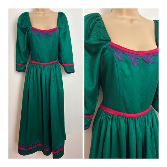 Vintage 1980s MONSOON Size 6-8 Green Mid Sleeve Gather Pleated Prom Style Midi Dress