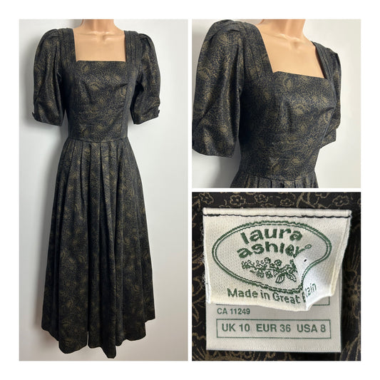 Vintage 1980s LAURA ASHLEY Size 6 (Size 10 On Label) Black & Dark Gold Floral Print Pleated Ballgown Midi Dress