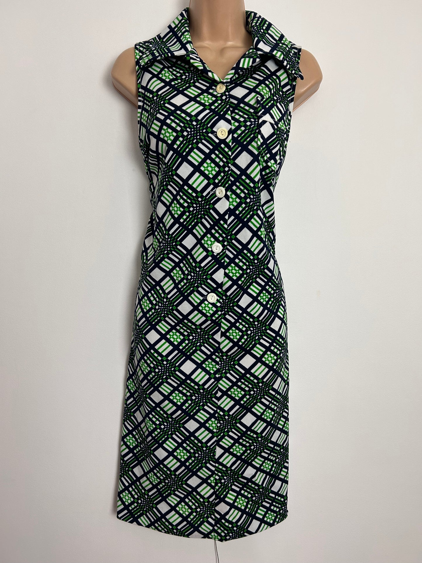 Vintage 1970s UK Size 12 ELIZABETH TEES Blue Green & White Check Print Sleeveless Mod Dress