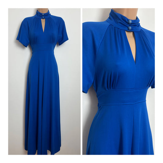 Vintage 1970s Size 6 Electric Blue Key Hole Short Sleeve Tie Back Maxi Dress