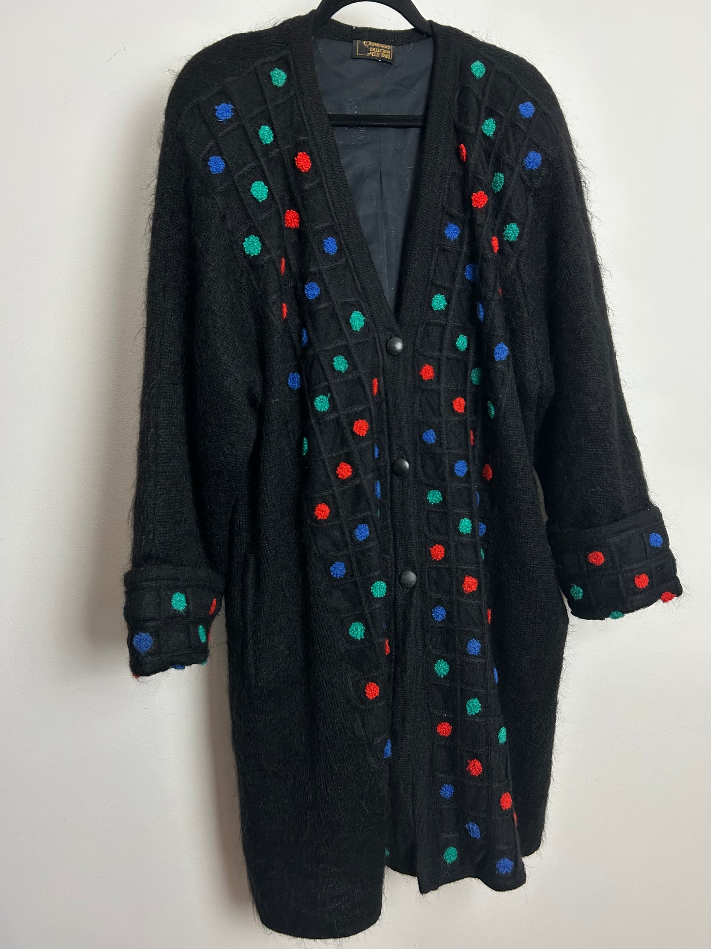 Vintage 1980s VELIT BARI Up To Size 18 Oversized Mid Length Black Spot Pattern Kid Mohair Coatigan Cardigan