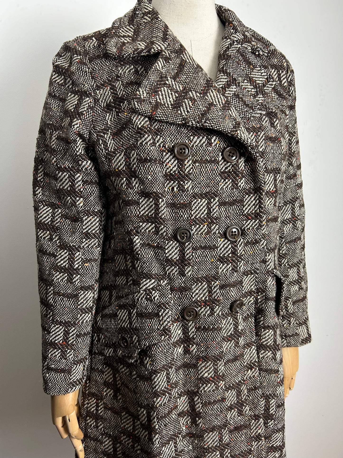 Vintage Early 1970s PEGGY LANE Size 12 Brown Tweed 70% Wool Double Breasted Winter Coat (Small Issue)