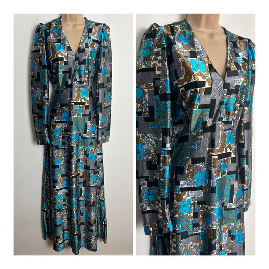 Vintage 1970s UK Size 10 Black Grey Blue & Brown Floral & Geo Print Long Sleeve Tie Back Maxi Dress