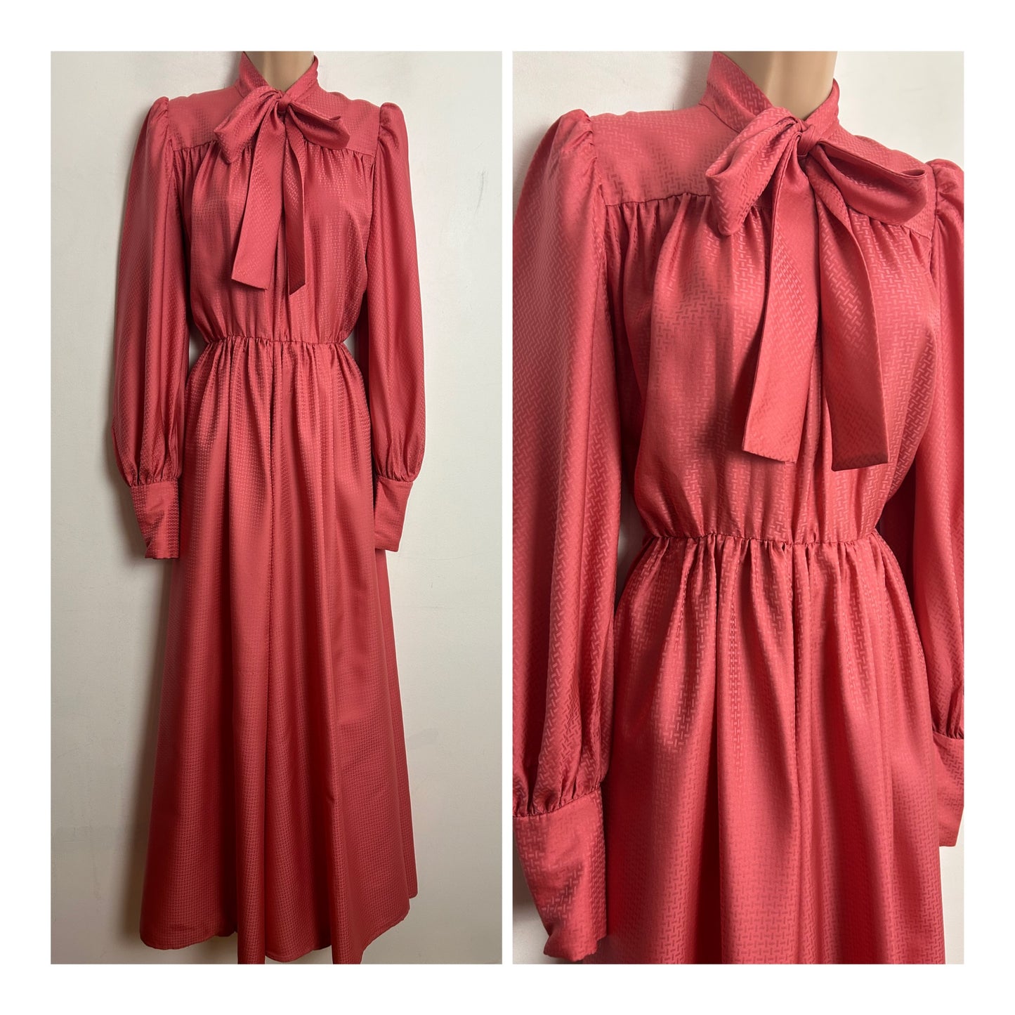 Vintage 1970s UK 8 Salmon Pink Dash Pattern Pussy Bow Long Sleeve Maxi Dress