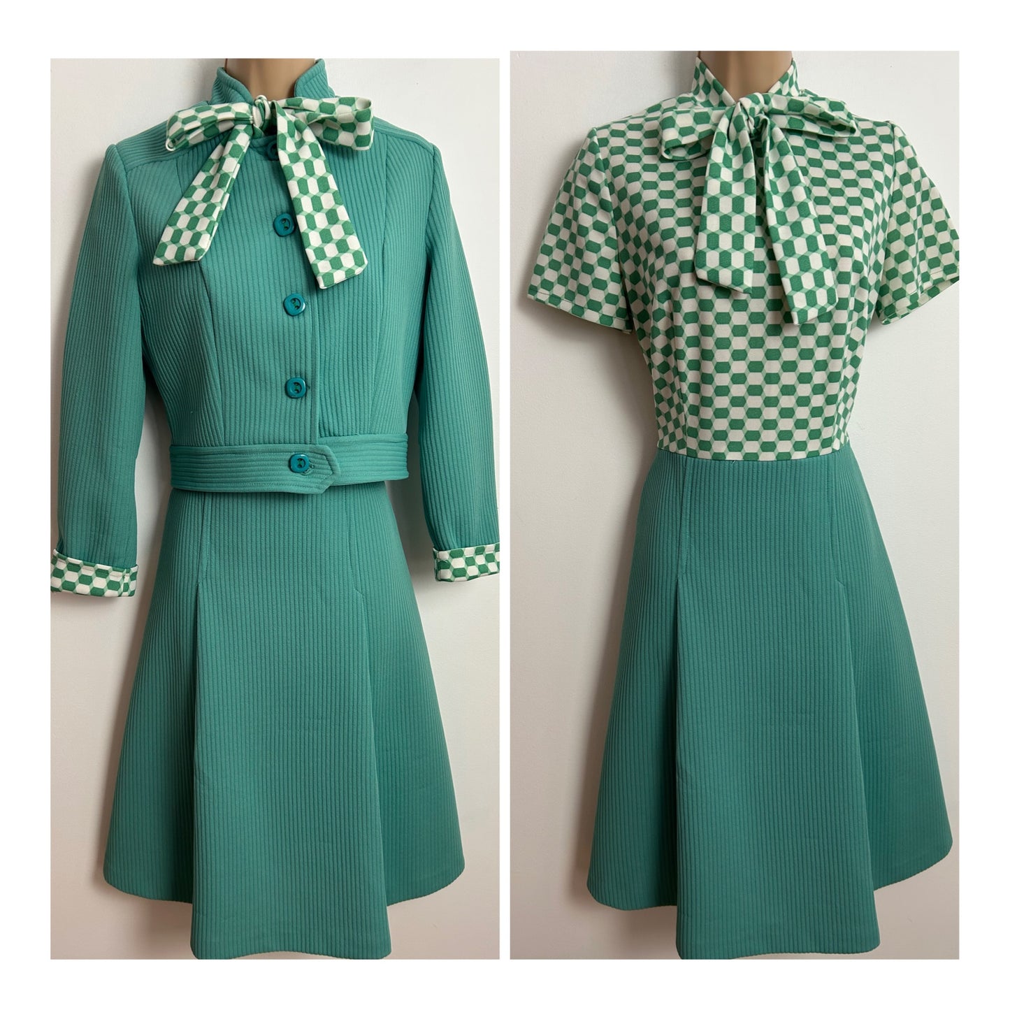 Vintage 1960s UK Size 10 Mint Green & White Geo Print Pussy Bow Mod Dress & Matching Jacket