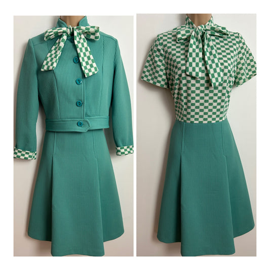 Vintage 1960s UK Size 10 Mint Green & White Geo Print Pussy Bow Mod Dress & Matching Jacket