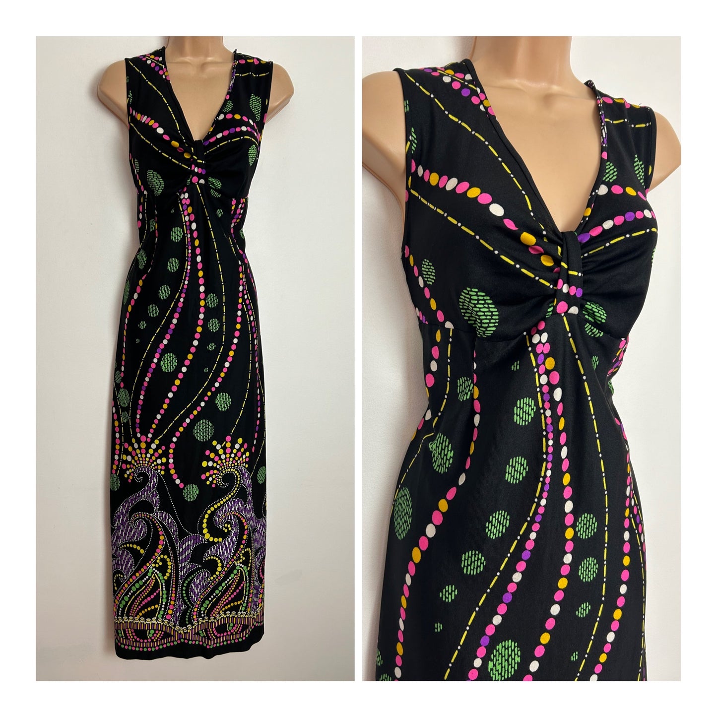 Vintage 1970s UK Size 12 Black Pink Green & Purple Abstract Print Sleeveless Maxi Dress