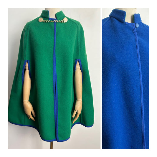 Vintage 1960s UK Size 8-10 Fabulous Green & Blue Reversible Wool Cape/Poncho