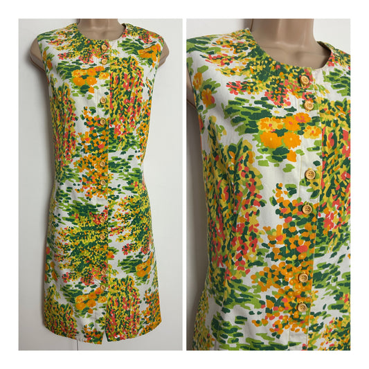 Vintage 1960s ST MICHAEL Size 12 White Green Orange & Yellow Ditsy Floral Print Cotton Shift Dress
