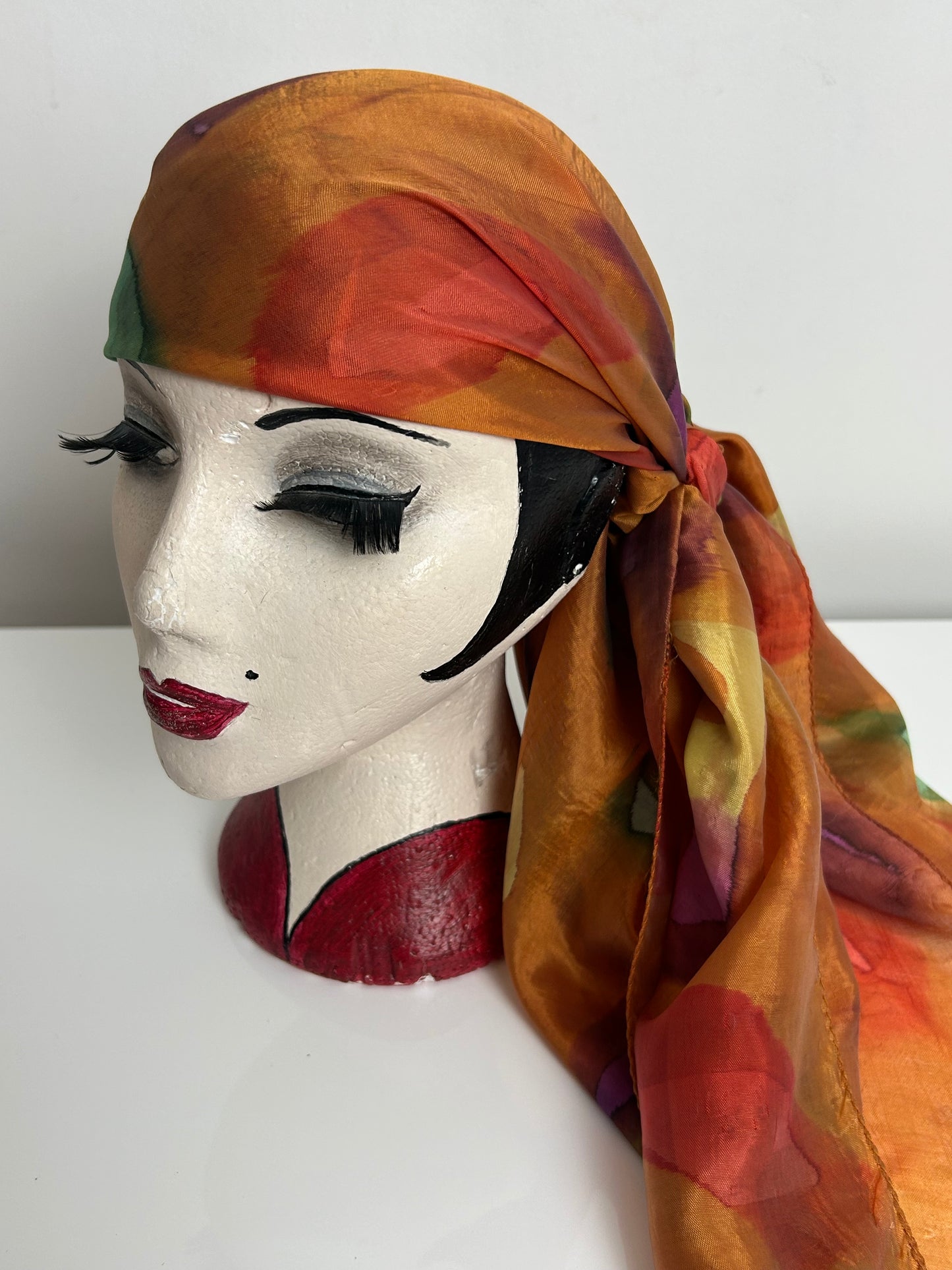 Vintage Orange Green Purple & Red Abstract Print Silky Chiffon Large Scarf 100cm x 92cm
